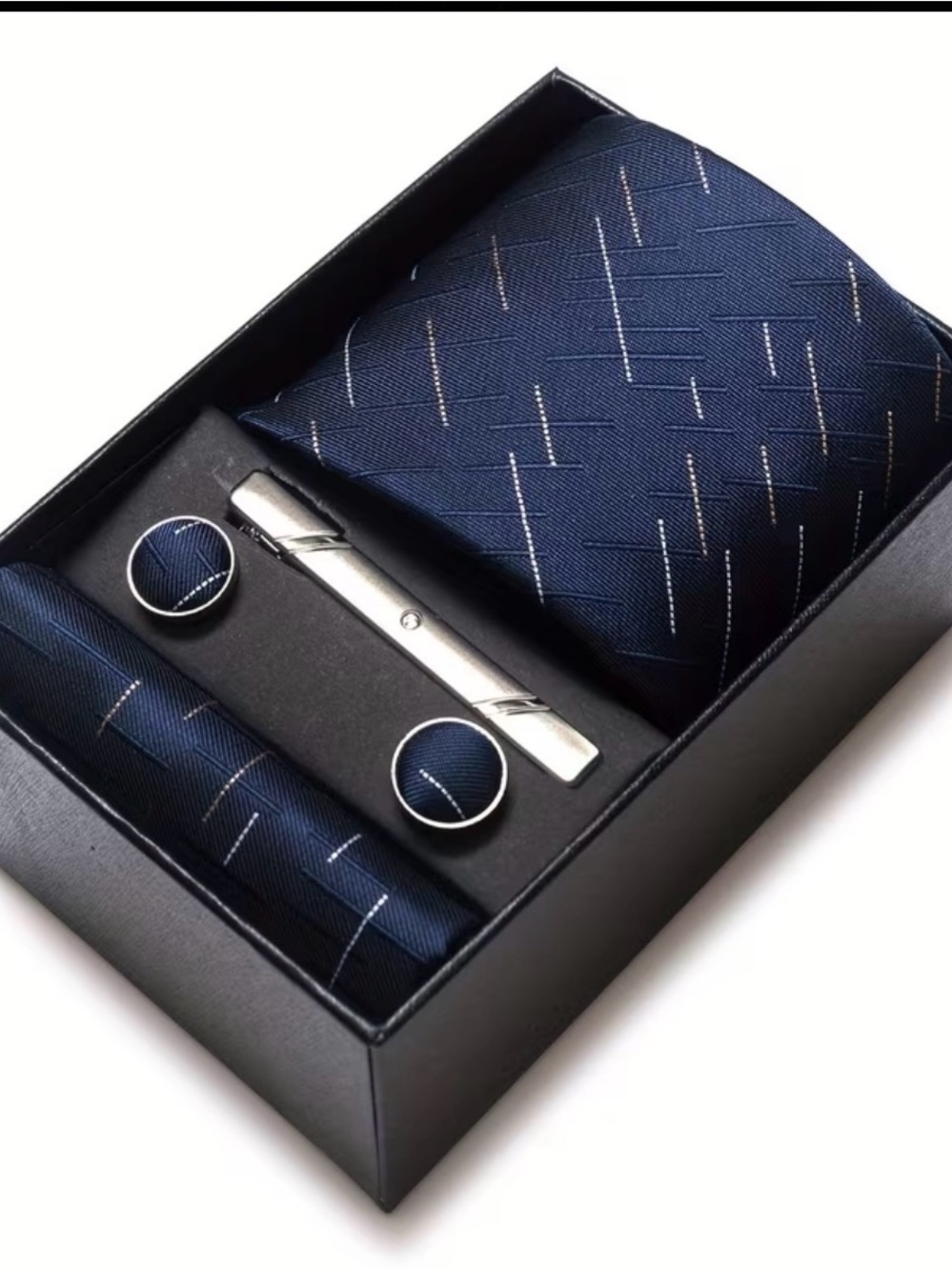 Classic Navy Tie Set with Silver Tie Clip and Cufflinks
